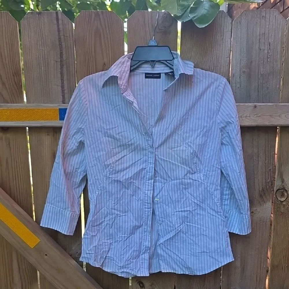 New York & Company Light Blue and White Striped Shirt